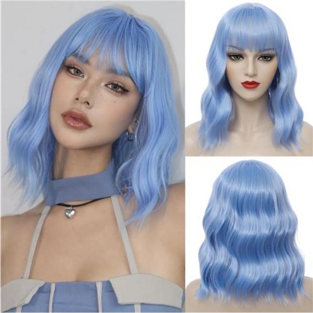 14” Light Blue Short Bob Wig with Bangs for Women